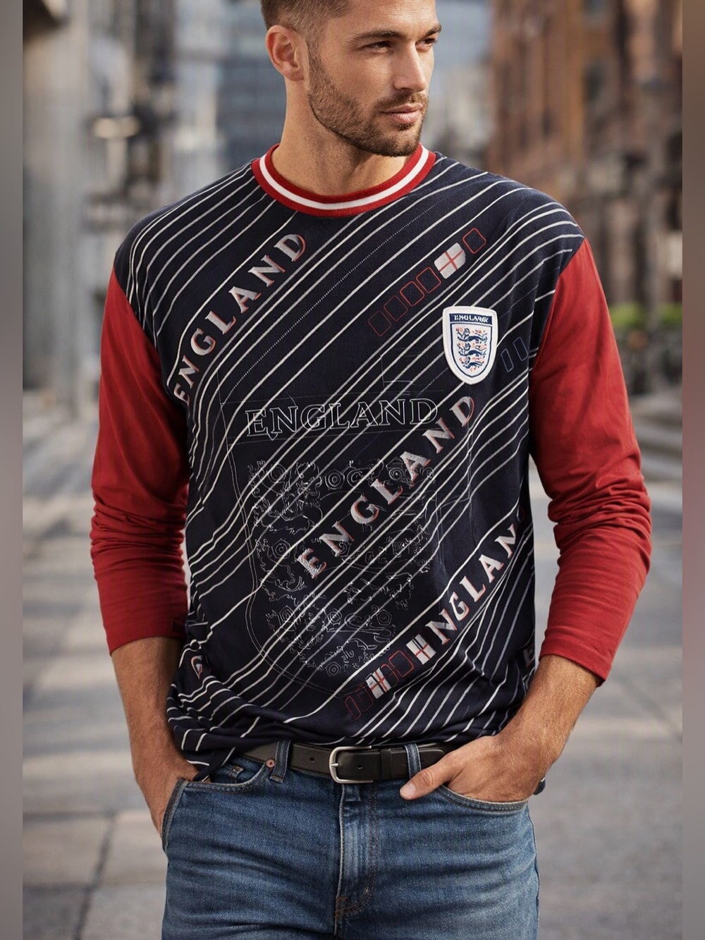 Vintage England Football Soccer Cotton Long Sleeve Shirt British Fan Gear Jersey